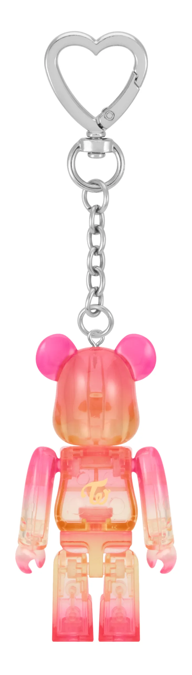 Back view of the pink and yellow TWICE x BE@RBRICK 100% keychain showing the TWICE logo and heart-shaped clasp