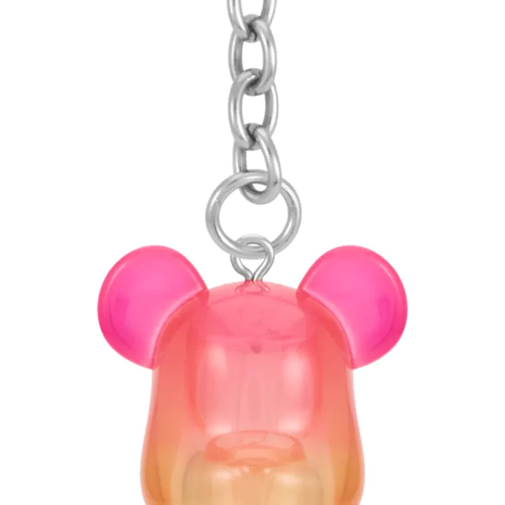 Front view of the pink and yellow TWICE x BE@RBRICK 100% keychain with complete heart-shaped clasp