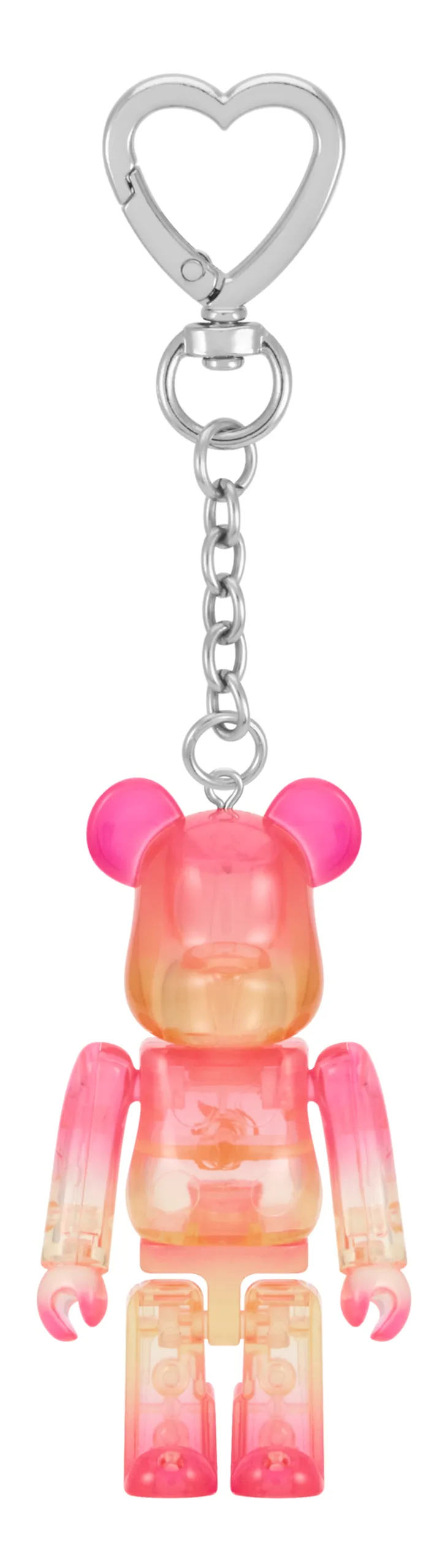 Front view of the pink and yellow TWICE x BE@RBRICK 100% keychain with complete heart-shaped clasp