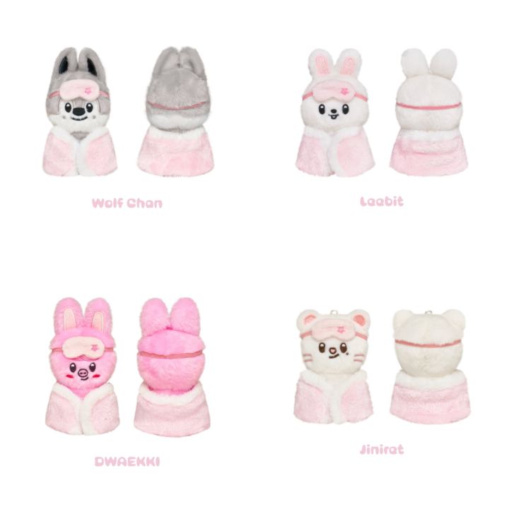 Official front and back product grid of SKZOO Plush 10CM Ver. for Wolf Chan, Leebit, Dwaekki and Jiniret from Stray Kids 6th Fan Meeting.