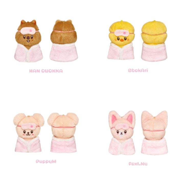 Official front and back product grid of SKZOO Plush 10CM Ver. for Han Quokka, BbokAri, PuppyM and FoxI.Ny from Stray Kids 6th Fan Meeting.