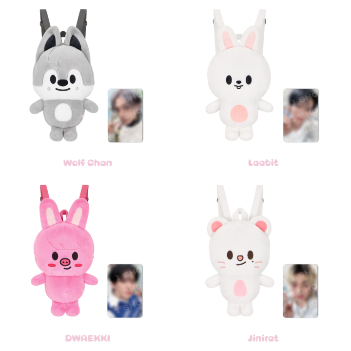 Official product grid of SKZOO Plush Backpacks for Wolf Chan, Leebit, Dwaekki and Jiniret from Stray Kids 6th Fan Meeting.