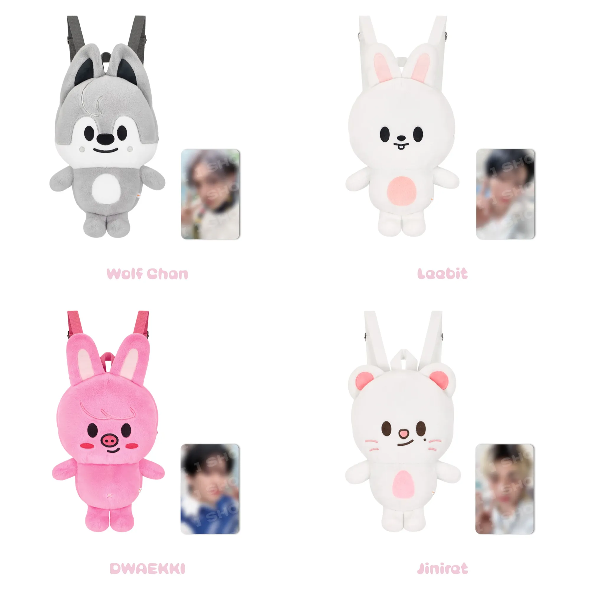 Official product grid of SKZOO Plush Backpacks for Wolf Chan, Leebit, Dwaekki and Jiniret from Stray Kids 6th Fan Meeting.