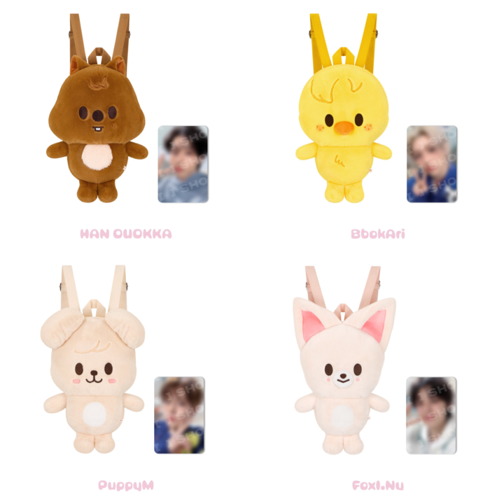 Official product grid of SKZOO Plush Backpacks for Han Quokka, BbokAri, PuppyM and FoxI.Ny from Stray Kids 6th Fan Meeting.