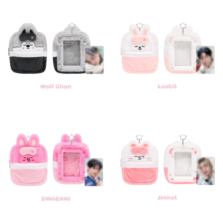 Official SKZOO Plush Collect Case product grid featuring Wolf Chan, Leebit, Dwaekki and Jiniret from Stray Kids 6th Fan Meeting.