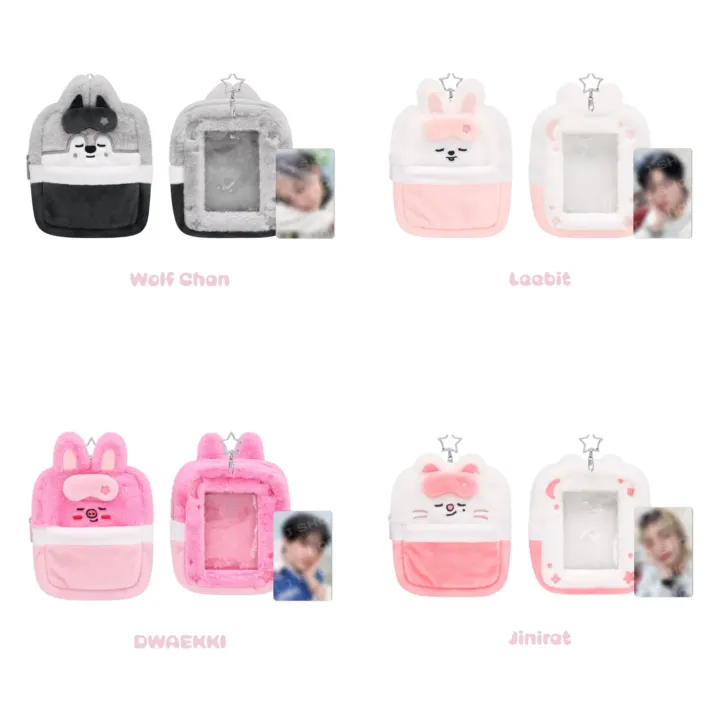 Official SKZOO Plush Collect Case product grid featuring Wolf Chan, Leebit, Dwaekki and Jiniret from Stray Kids 6th Fan Meeting.