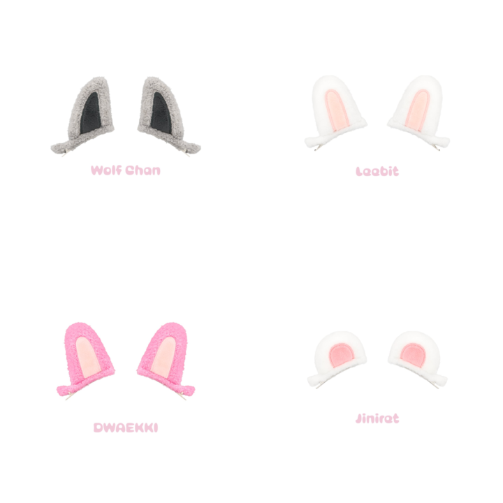 Official product grid of SKZOO Plush Hair Pins for Wolf Chan, Leebit, Dwaekki and Jiniret from Stray Kids 6th Fan Meeting.