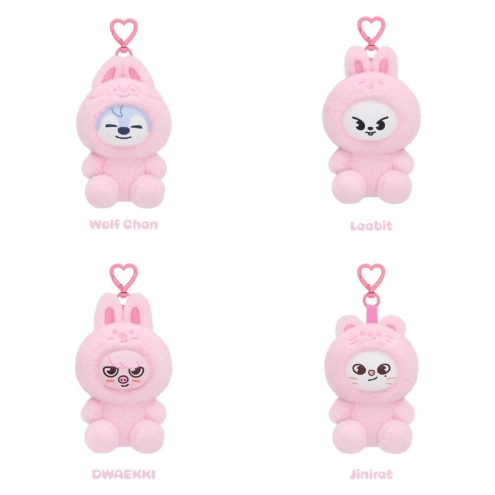 Official product grid of SKZOO Plush Toys for Wolf Chan, Leebit, Dwaekki and Jiniret from Stray Kids 6th Fan Meeting.