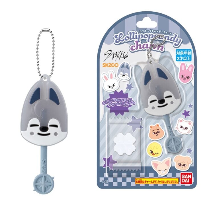 Stray Kids SKZOO Lollipop Candy Charm official packaging and Wolf Chan charm