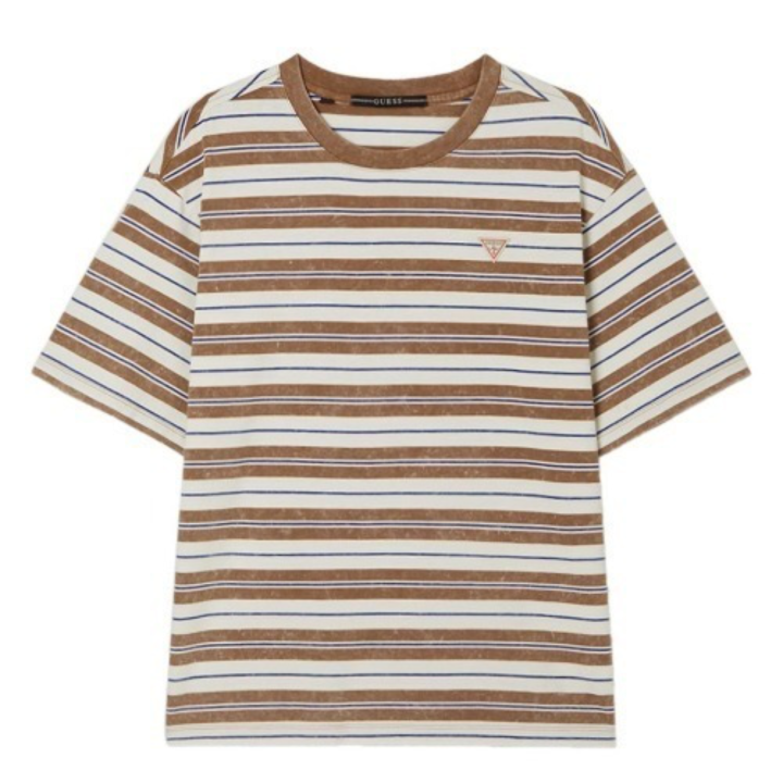 Hyunjin GUESS Jeans striped shirt in brown, white and blue, front view