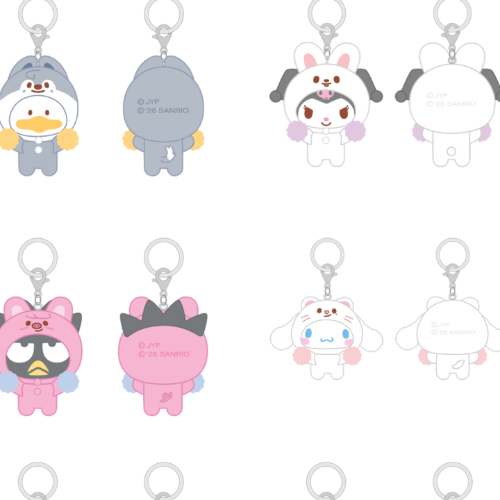 Stray Kids SKZOO x Sanrio Secret Flocked Figure Keyring Cheer Up Ver official member set 3 front and back views
