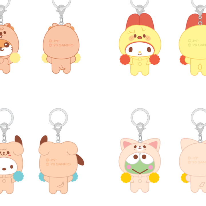 Stray Kids SKZOO x Sanrio Secret Flocked Figure Keyring Cheer Up Ver official member set 4 front and back views