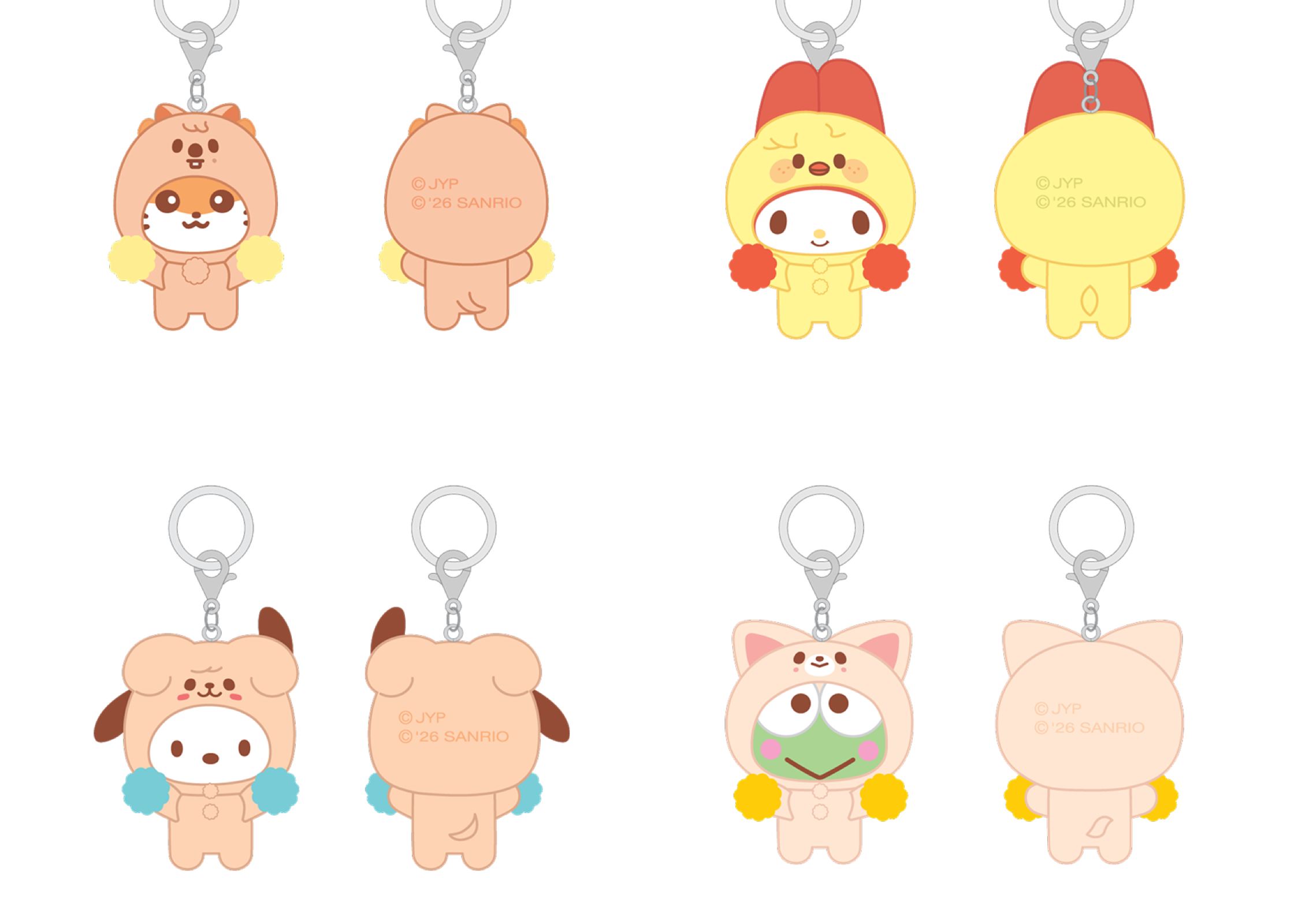 Stray Kids SKZOO x Sanrio Secret Flocked Figure Keyring Cheer Up Ver official member set 4 front and back views