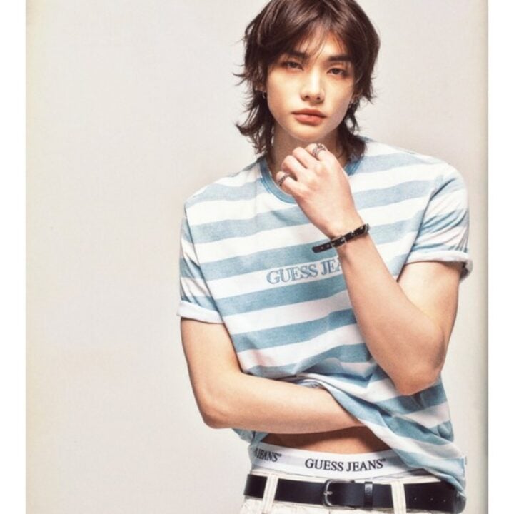 Hyunjin wearing GUESS Jeans light blue striped logo T-shirt detail