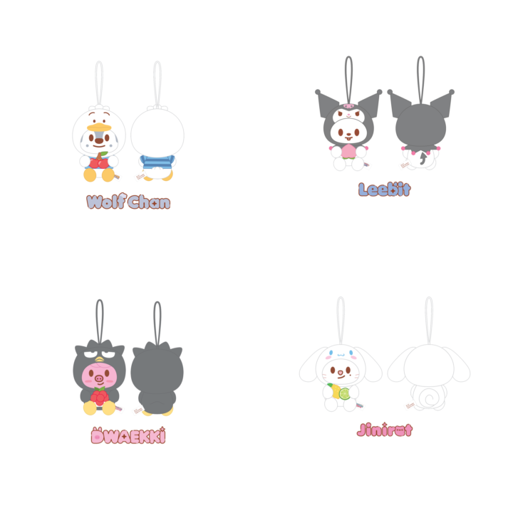 Stray Kids SKZOO x Sanrio Scent Plush official front and back product grid for Wolf Chan, Leebit, Dwaekki and Jiniret