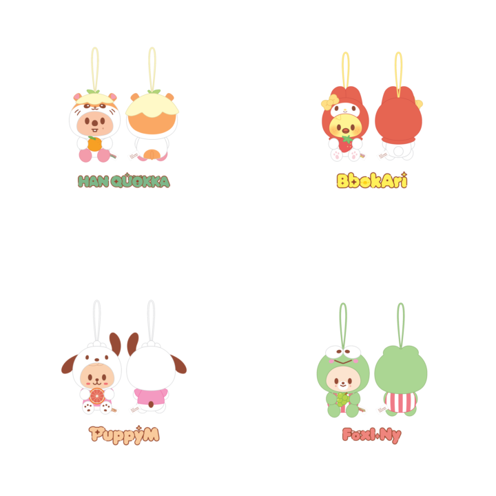 Stray Kids SKZOO x Sanrio Scent Plush official front and back product grid for Han Quokka, BbokAri, PuppyM and FoxI.Ny
