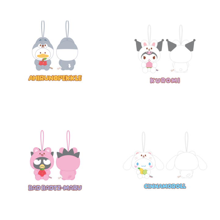 Stray Kids SKZOO x Sanrio Scent Plush official front and back product grid for Ahiru no Pekkle, Kuromi, Bad Badtz-Maru and Cinnamoroll