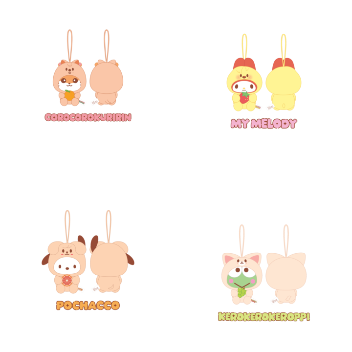 Stray Kids SKZOO x Sanrio Scent Plush official front and back product grid for Corocorokuririn, My Melody, Pochacco and Kerokerokeroppi