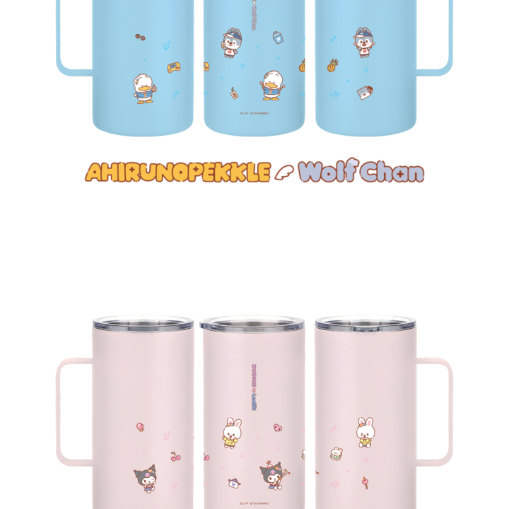 Stray Kids SKZOO x Sanrio Tumbler official Ahiru no Pekkle and Wolf Chan, Kuromi and Leebit product views