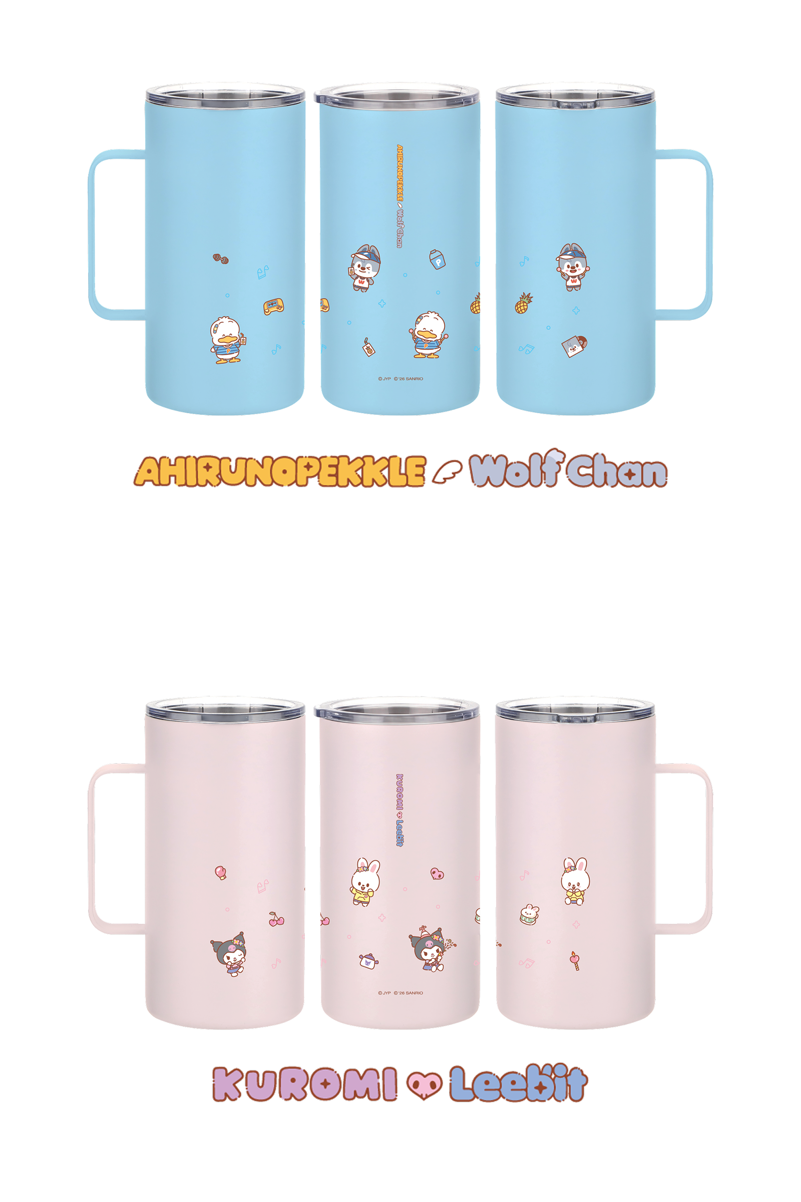 Stray Kids SKZOO x Sanrio Tumbler official Ahiru no Pekkle and Wolf Chan, Kuromi and Leebit product views
