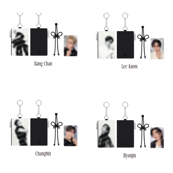Official Stray Kids RUN IT Seoul Card Holder Keyring product grid featuring Bang Chan, Lee Know, Changbin and Hyunjin.