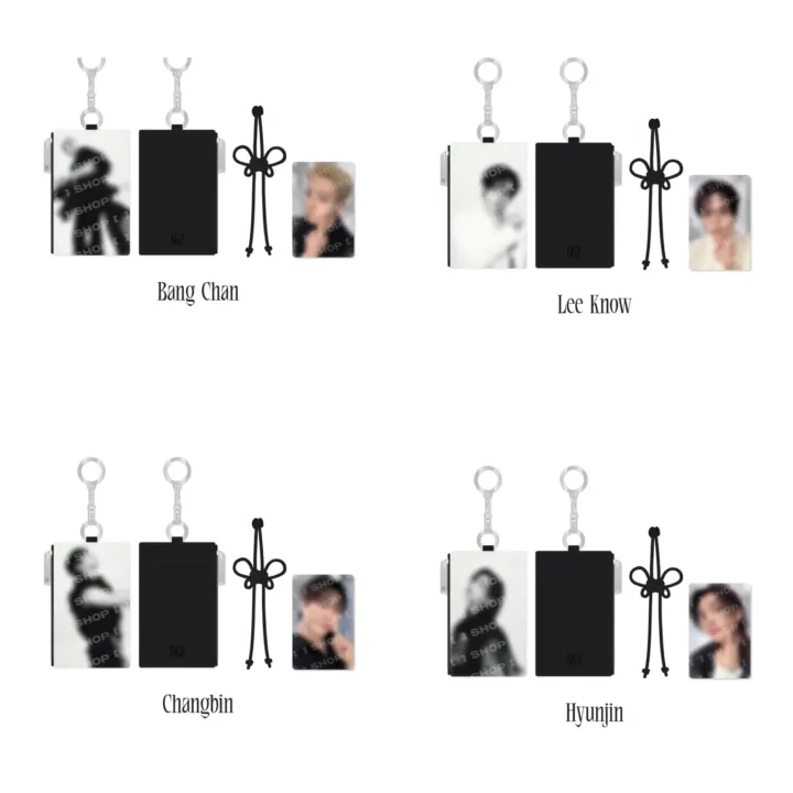 Official Stray Kids RUN IT Seoul Card Holder Keyring product grid featuring Bang Chan, Lee Know, Changbin and Hyunjin.
