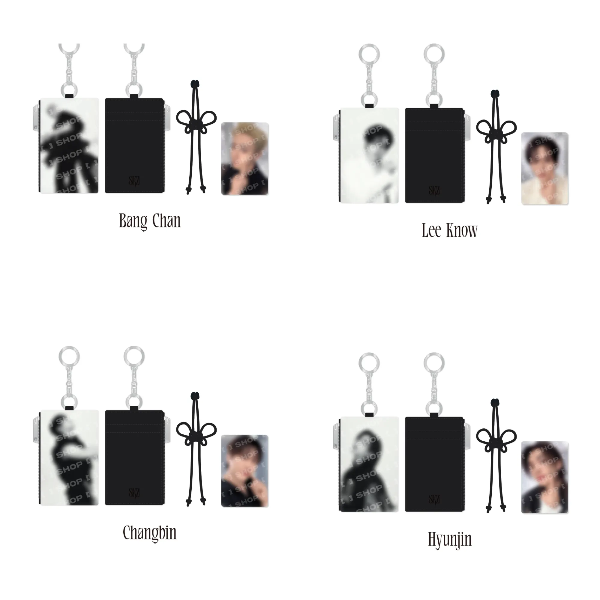 Official Stray Kids RUN IT Seoul Card Holder Keyring product grid featuring Bang Chan, Lee Know, Changbin and Hyunjin.