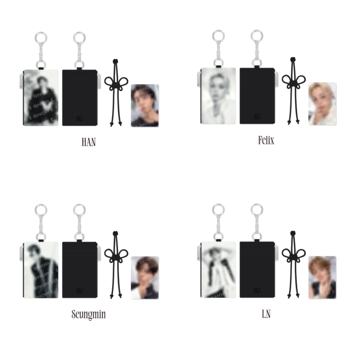 Official Stray Kids RUN IT Seoul Card Holder Keyring product grid featuring Han, Felix, Seungmin and I.N.
