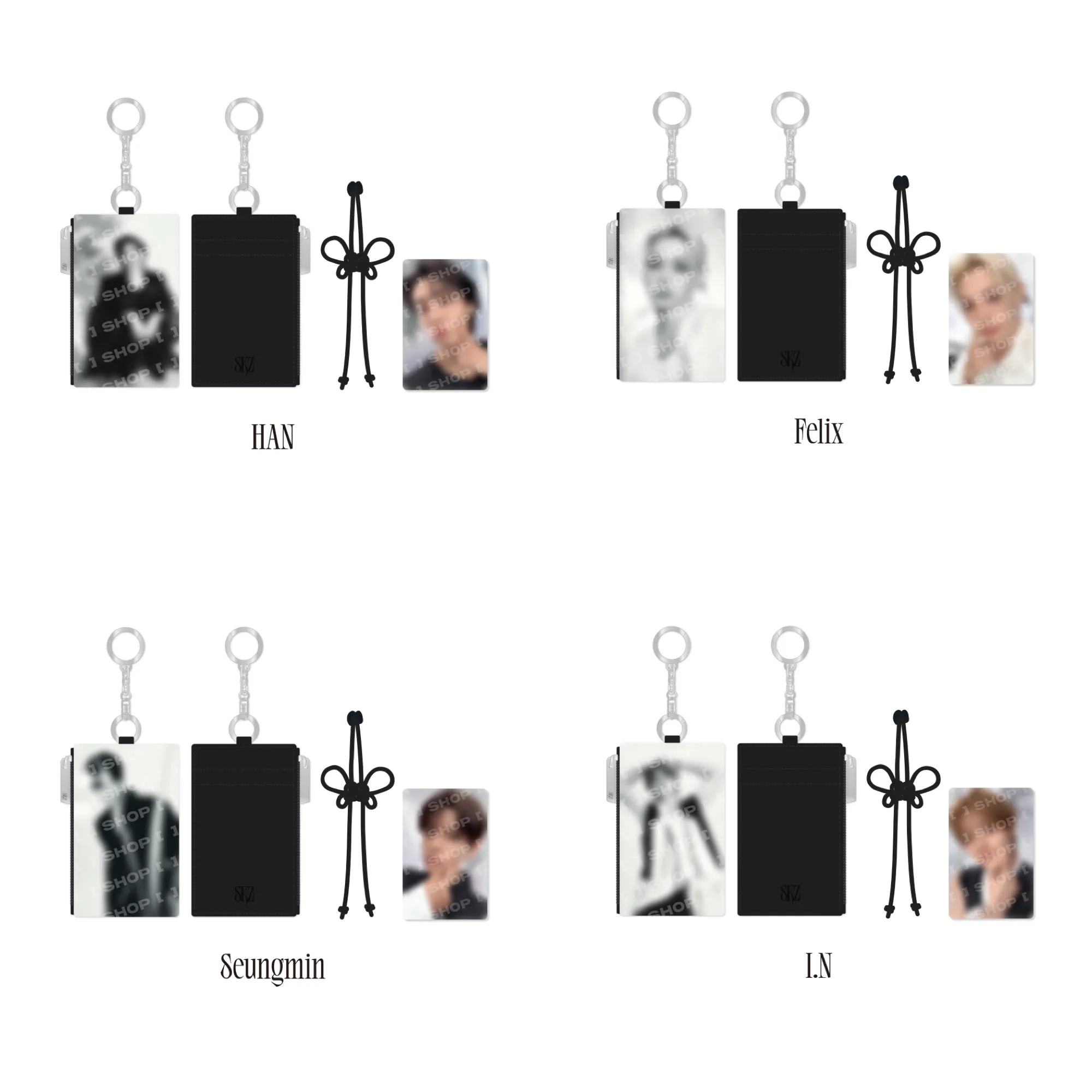 Official Stray Kids RUN IT Seoul Card Holder Keyring product grid featuring Han, Felix, Seungmin and I.N.