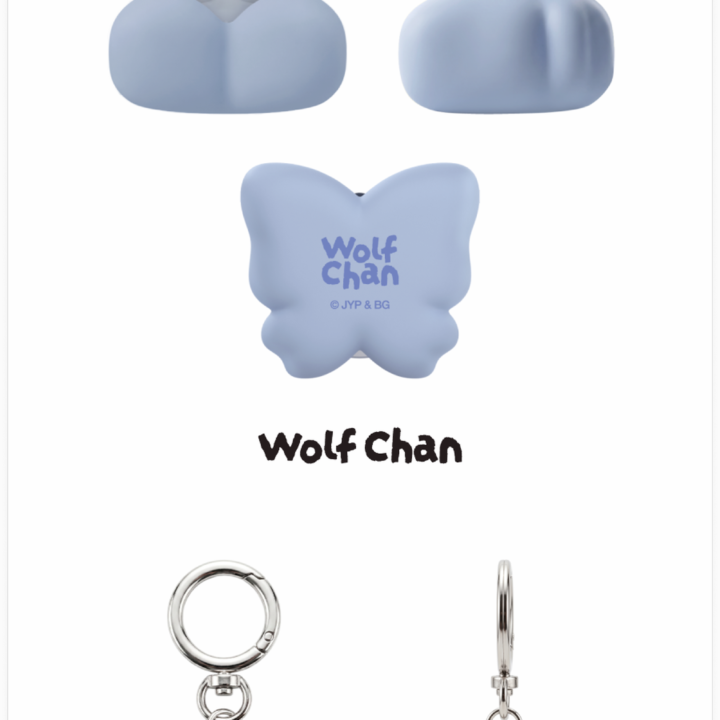 SKZOO Secret Clicker Keyring Wolf Chan and Leebit front, side and back views from Stray Kids RUN IT Seoul
