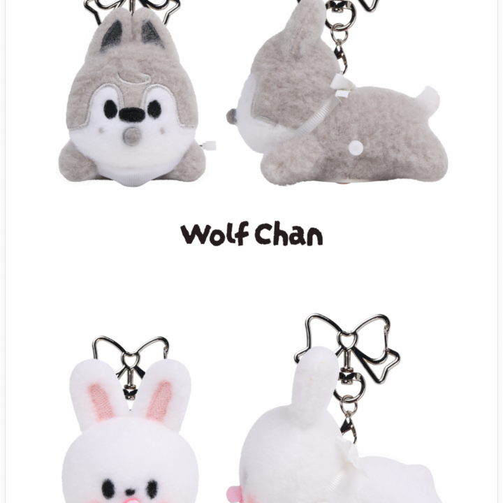 SKZOO Secret Wind-up Plush Wolf Chan and Leebit front and side views from Stray Kids RUN IT Seoul