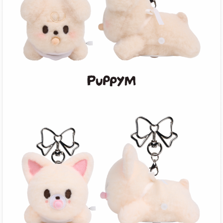 SKZOO Secret Wind-up Plush PuppyM and FoxI.Ny front and side views from Stray Kids RUN IT Seoul