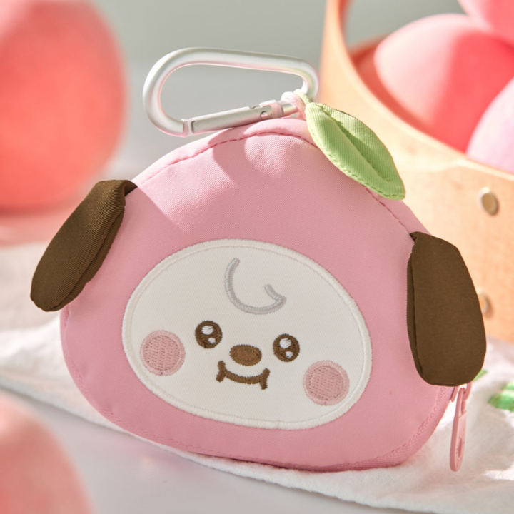 BT21 Peach Holic CHIMMY pink character face pouch with zipper and clip in an official styled display