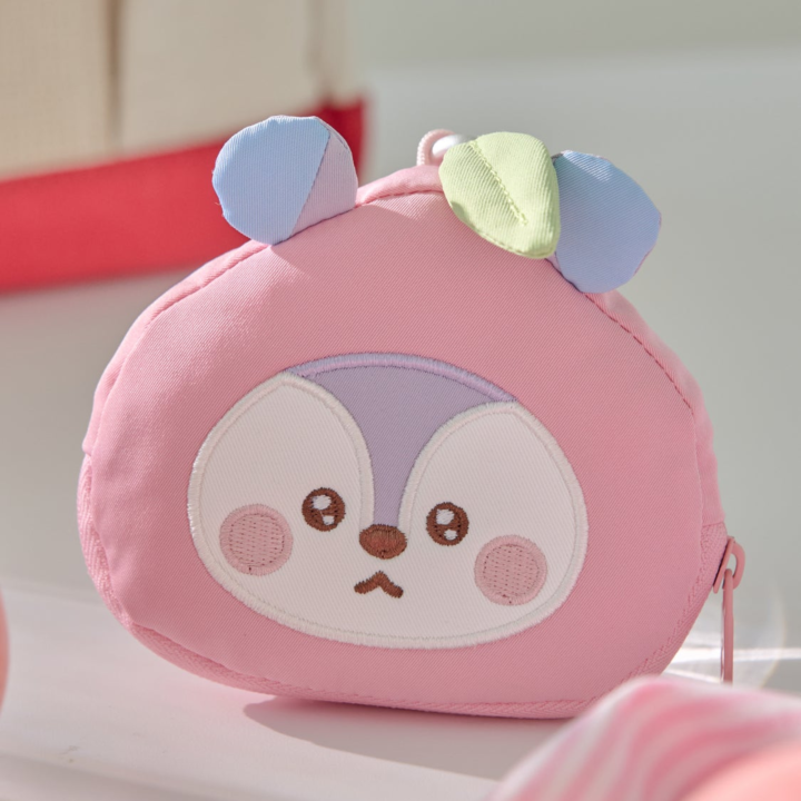BT21 Peach Holic MANG pink character face pouch with zipper and clip in an official styled display