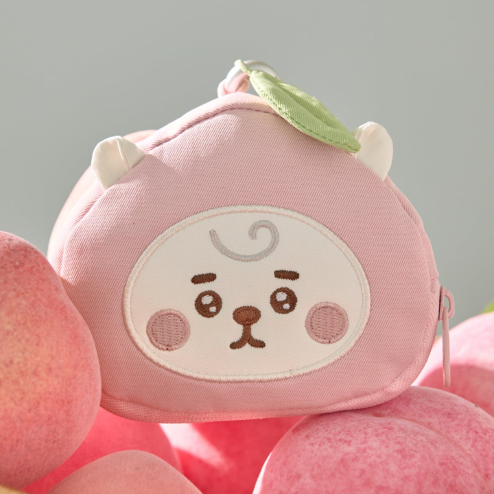 BT21 Peach Holic RJ pink character face pouch with zipper and clip in an official styled display