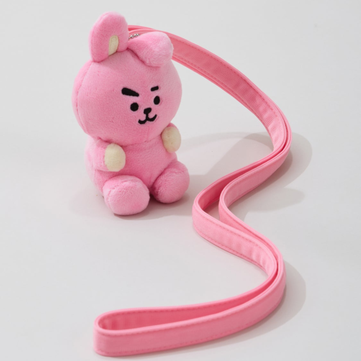 BT21 Travel COOKY plush holder keyring with matching pink shoulder strap