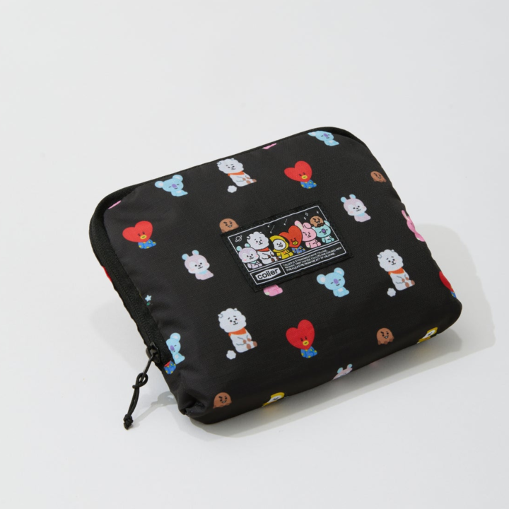 BT21 Travel packable bag folded into its compact zipped form with BT21 character label