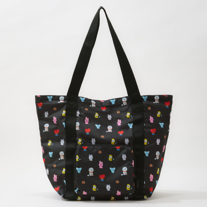 Black BT21 Travel packable bag with all-character print, long handles and front zip pocket