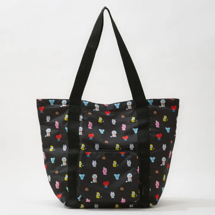 Black BT21 Travel packable bag with all-character print, long handles and front zip pocket