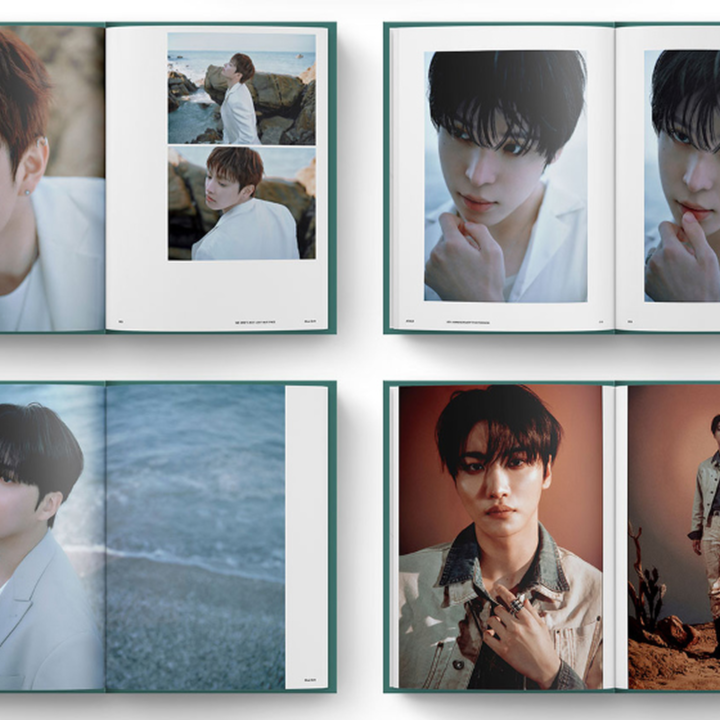 ATEEZ 8th Anniversary BLUE DRIFT photobook official interior page previews, first four spreads