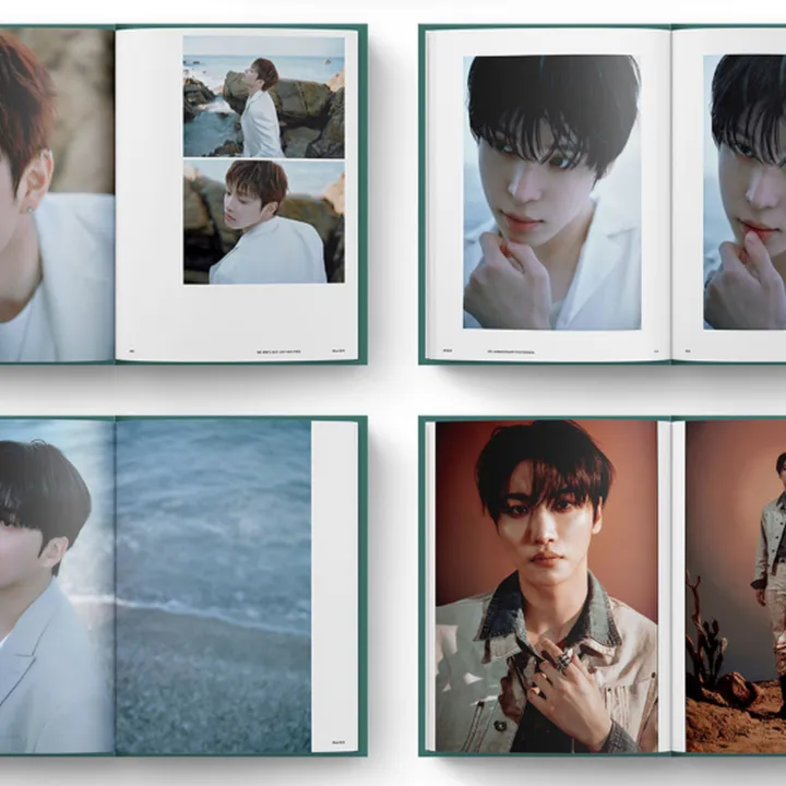 ATEEZ 8th Anniversary BLUE DRIFT photobook official interior page previews, first four spreads