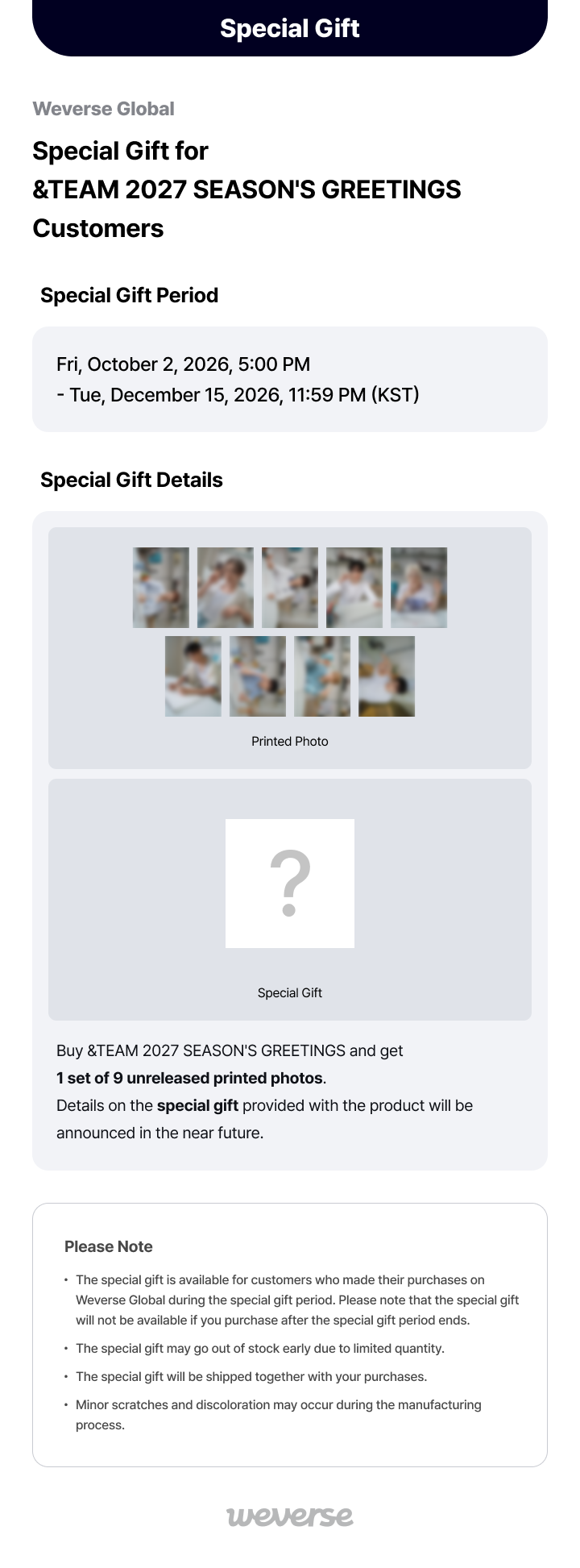 &TEAM Weverse bonus printed photos and unannounced special gift