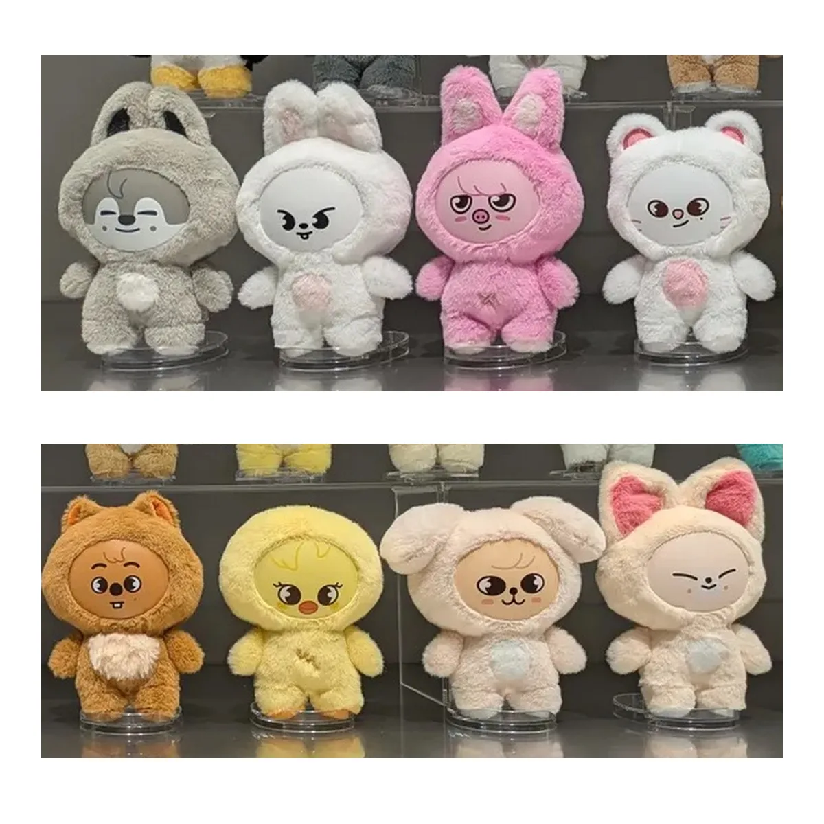 Eight SKZOO plush designs shown in two rows in a JYP FLAGSHIP TOKYO store display